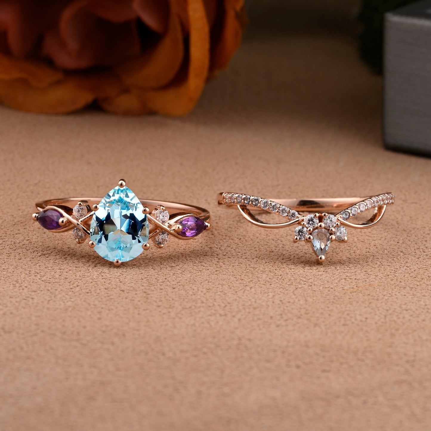 Bague de fiançailles vintage en forme de poire avec aigue-marine, ensemble de bagues de mariage uniques, cadeau d'anniversaire