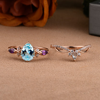 Bague de fiançailles vintage en forme de poire avec aigue-marine, ensemble de bagues de mariage uniques, cadeau d'anniversaire
