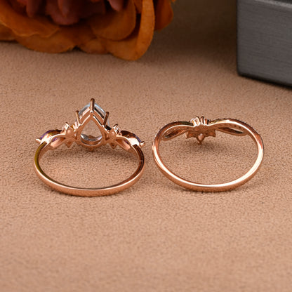 Bague de fiançailles vintage en forme de poire avec aigue-marine, ensemble de bagues de mariage uniques, cadeau d'anniversaire