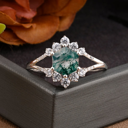 Vintage Moss Agate Engagement Ring Hexagon Shape Anniversary Ring Solid Gold Solitaire Unique Moss Agate Ring for Women