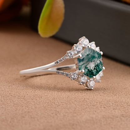 Vintage Moss Agate Engagement Ring Hexagon Shape Anniversary Ring Solid Gold Solitaire Unique Moss Agate Ring for Women