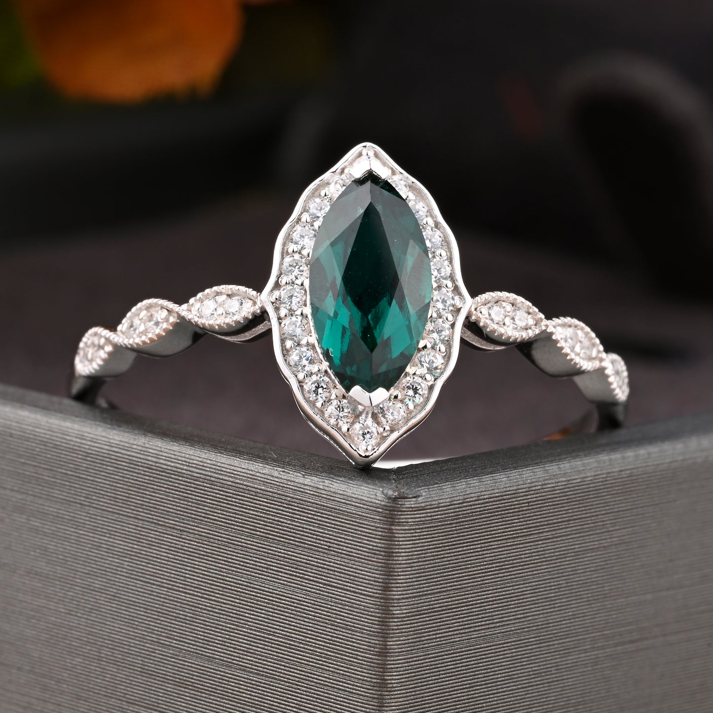 Marquise Emerald Engagement Ring Art Deco Emerald Wedding Ring Gemstone Bridal Ring 14k Gold Ring Unique Promise Anniversary Gift