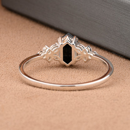 Bague de fiançailles vintage en saphir bleu-vert taille hexagonale Bague de promesse de mariage en saphir bleu-vert