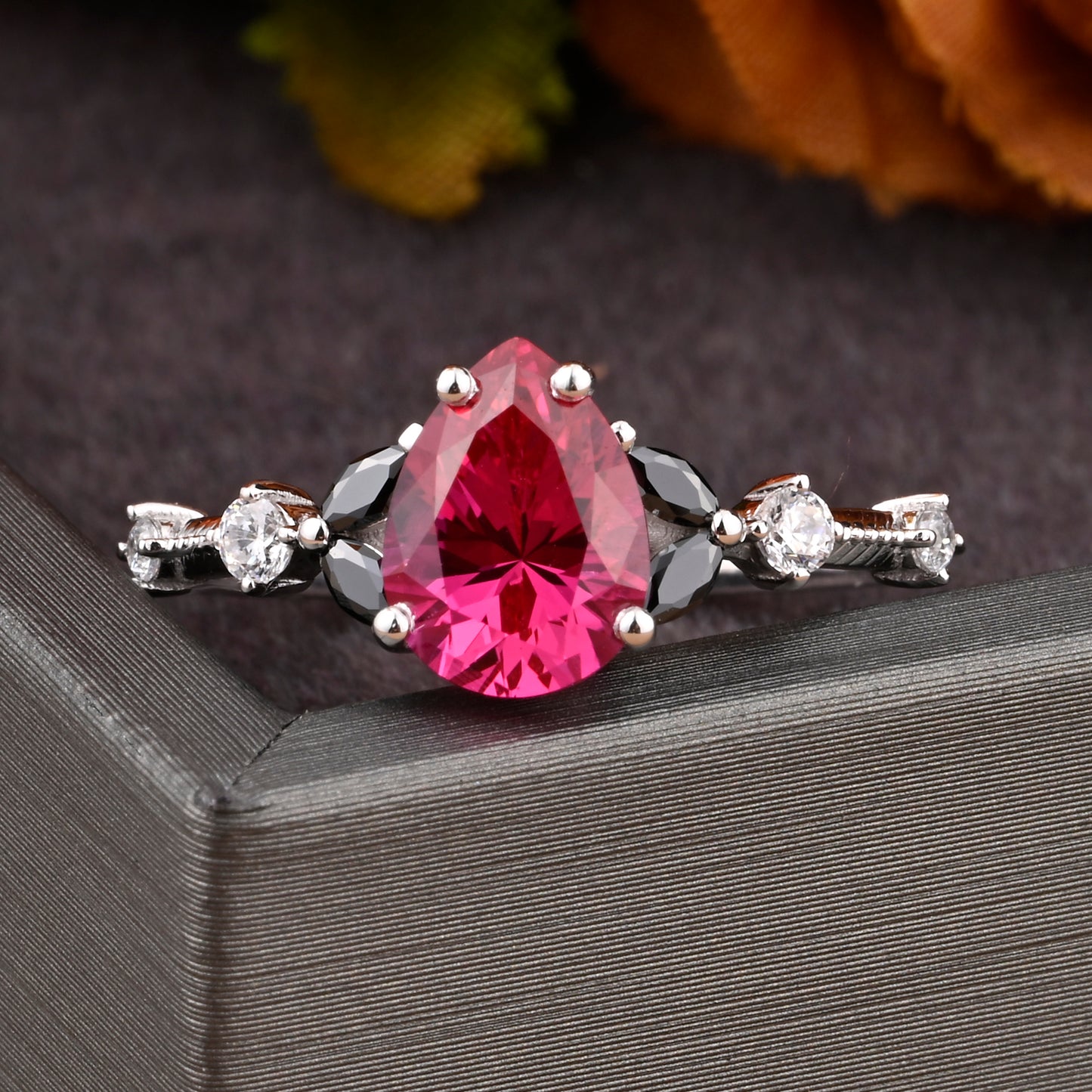 Vintage Pear Ruby Engagement Ring Unique Black Onyx Sidestones Pear Shape Gemstone Promise Ring Ver.2