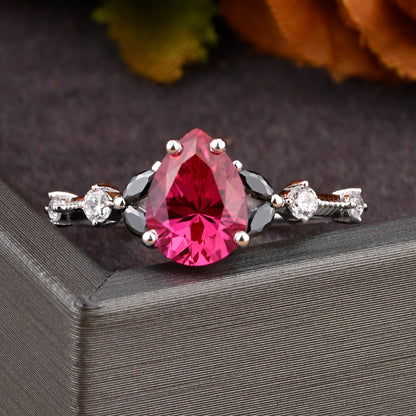 Vintage Pear Ruby Engagement Ring Unique Black Onyx Sidestones Pear Shape Gemstone Promise Ring Ver.2