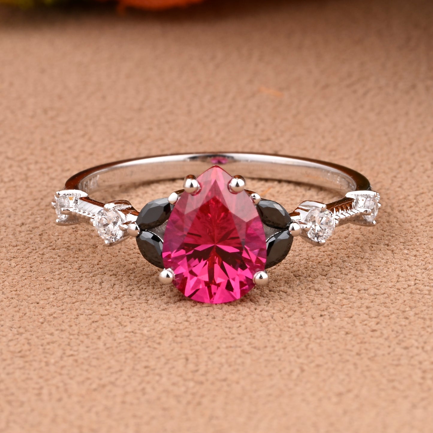 Vintage Pear Ruby Engagement Ring Unique Black Onyx Sidestones Pear Shape Gemstone Promise Ring Ver.2