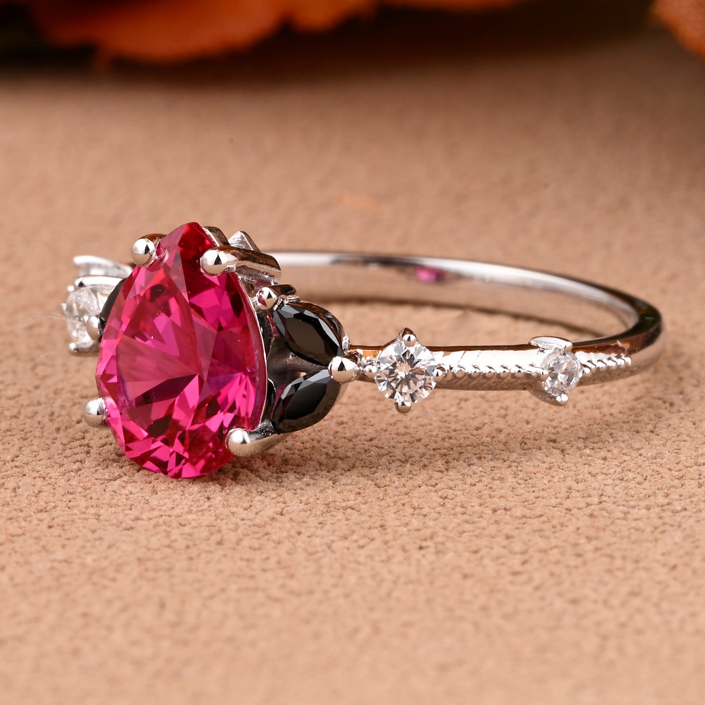 Vintage Pear Ruby Engagement Ring Unique Black Onyx Sidestones Pear Shape Gemstone Promise Ring Ver.2