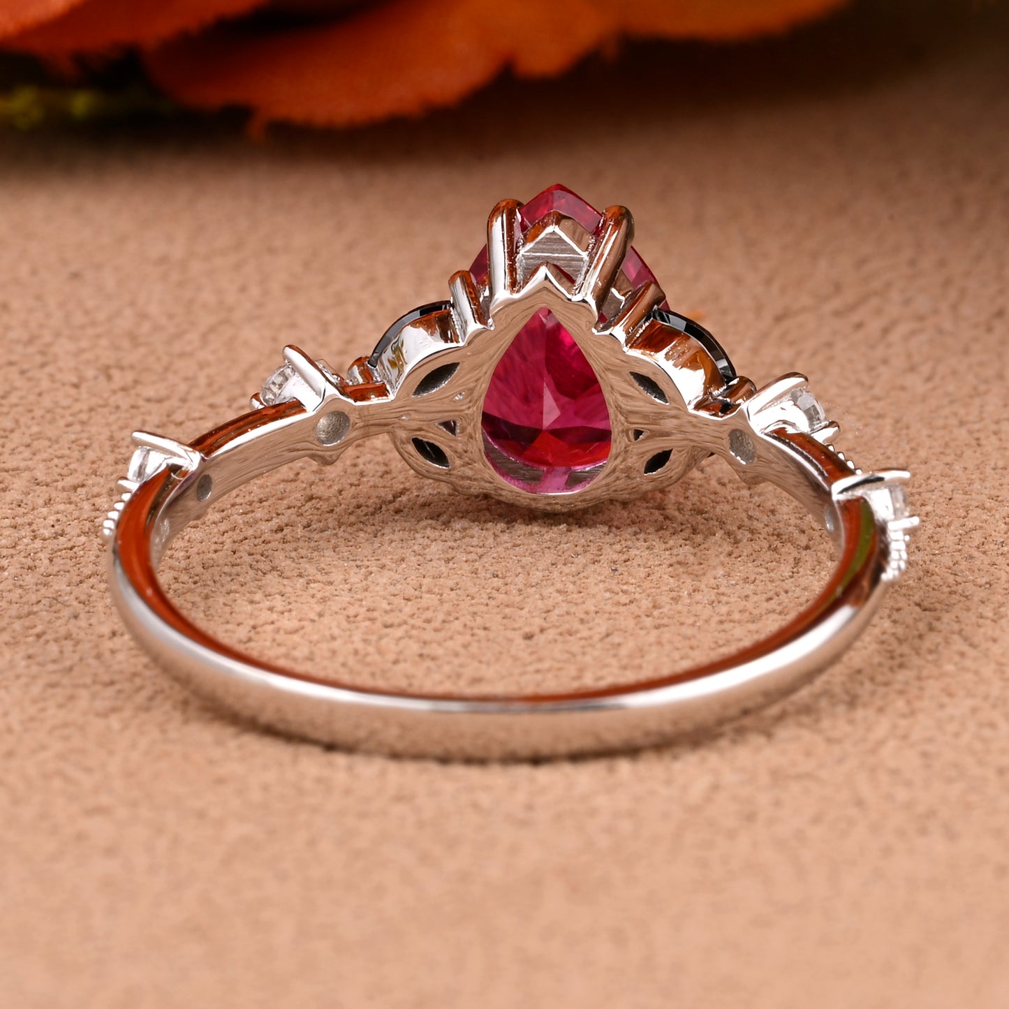Vintage Pear Ruby Engagement Ring Unique Black Onyx Sidestones Pear Shape Gemstone Promise Ring Ver.2
