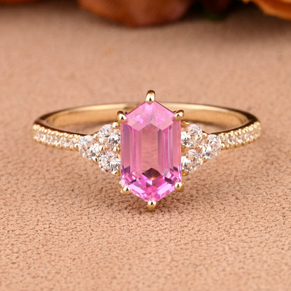Vintage Unique Pink Sapphire Engagement Ring Solid 14K Gold Pink Sapphire Ring July Birthstone Ring Delicate Pink Sapphire Gemstone Ring Handmade Bridal Jewelry