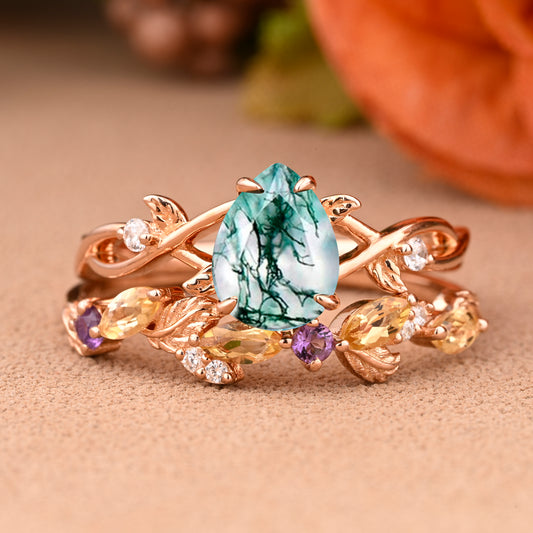 Vintage Pear Cut Moss Agate Engagement Ring Set Leaf Ring Art Deco Bridal Ring 18k Rose Gold Ring Set For Women Promise Bridal Ring Set