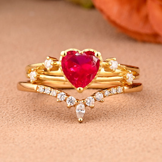Vintage Heart Cut Ruby Enhancer Ring Set Unique Ruby Gemstone Promise Bridal Ring Set