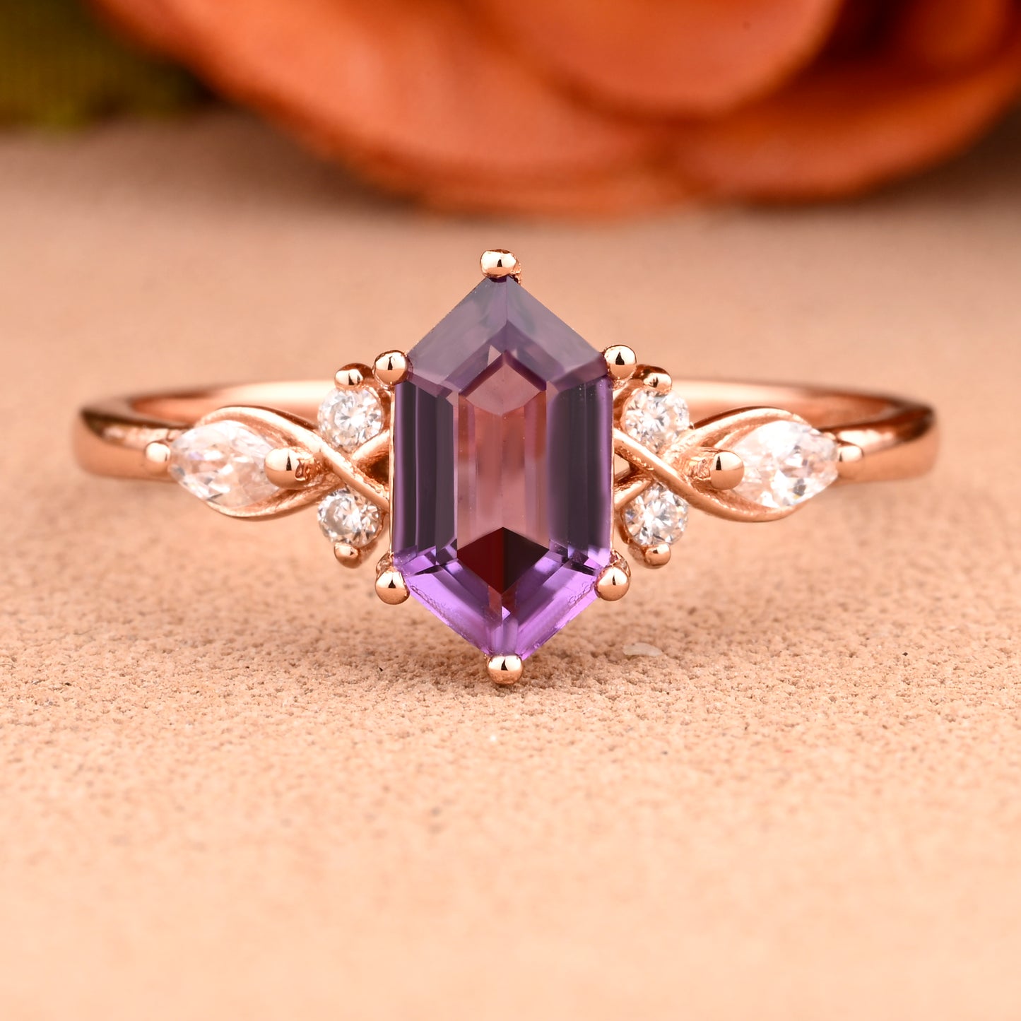 Vintage Amethyst Engagement Ring Hexagon Shape Anniversary Ring Solid Gold Solitaire Unique Moissanite Ring for Women
