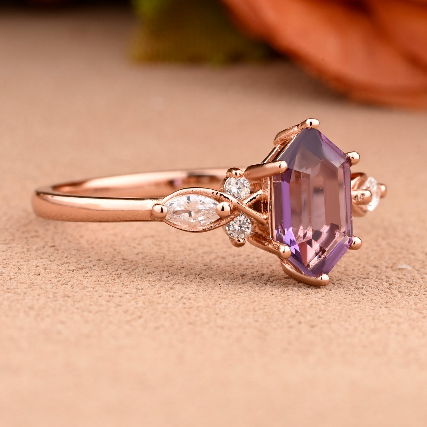 Vintage Amethyst Engagement Ring Hexagon Shape Anniversary Ring Solid Gold Solitaire Unique Moissanite Ring for Women