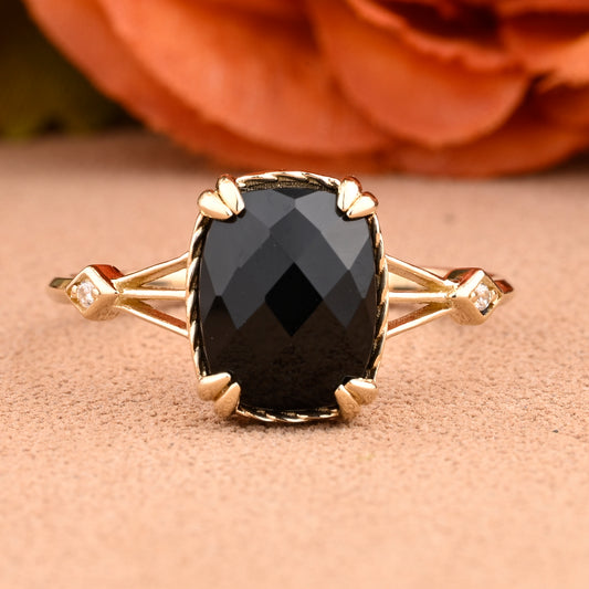 Vintage Black Onyx Ring Emerald Shape Black Agate Engagement Ring Black Stone Ring 14k Yellow Gold Ring Promise Bridal Ring Anniversary Gift
