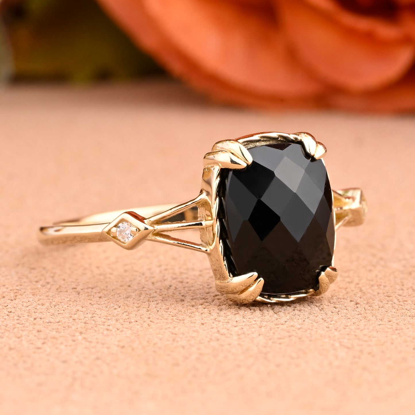 Vintage Black Onyx Ring Emerald Shape Black Agate Engagement Ring Black Stone Ring 14k Yellow Gold Ring Promise Bridal Ring Anniversary Gift