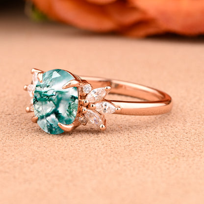 Unique Vintage Oval Cut Moss Agate Ring Solid 18k Rose Gold Ring Handmade Moissanite Engagement Ring Promise Bridal Ring Anniversary Gift