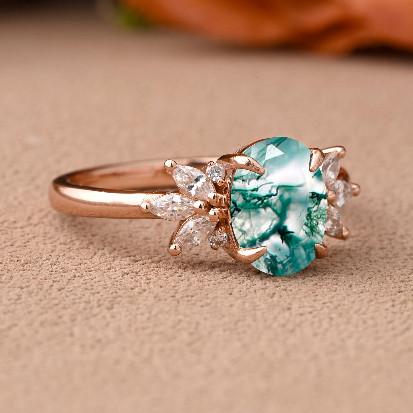 Unique Vintage Oval Cut Moss Agate Ring Solid 18k Rose Gold Ring Handmade Moissanite Engagement Ring Promise Bridal Ring Anniversary Gift