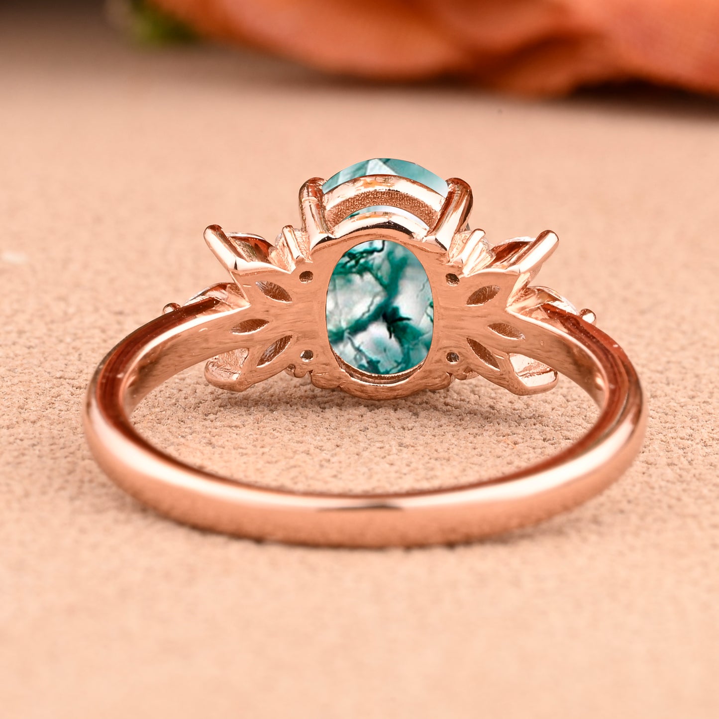 Unique Vintage Oval Cut Moss Agate Ring Solid 18k Rose Gold Ring Handmade Moissanite Engagement Ring Promise Bridal Ring Anniversary Gift