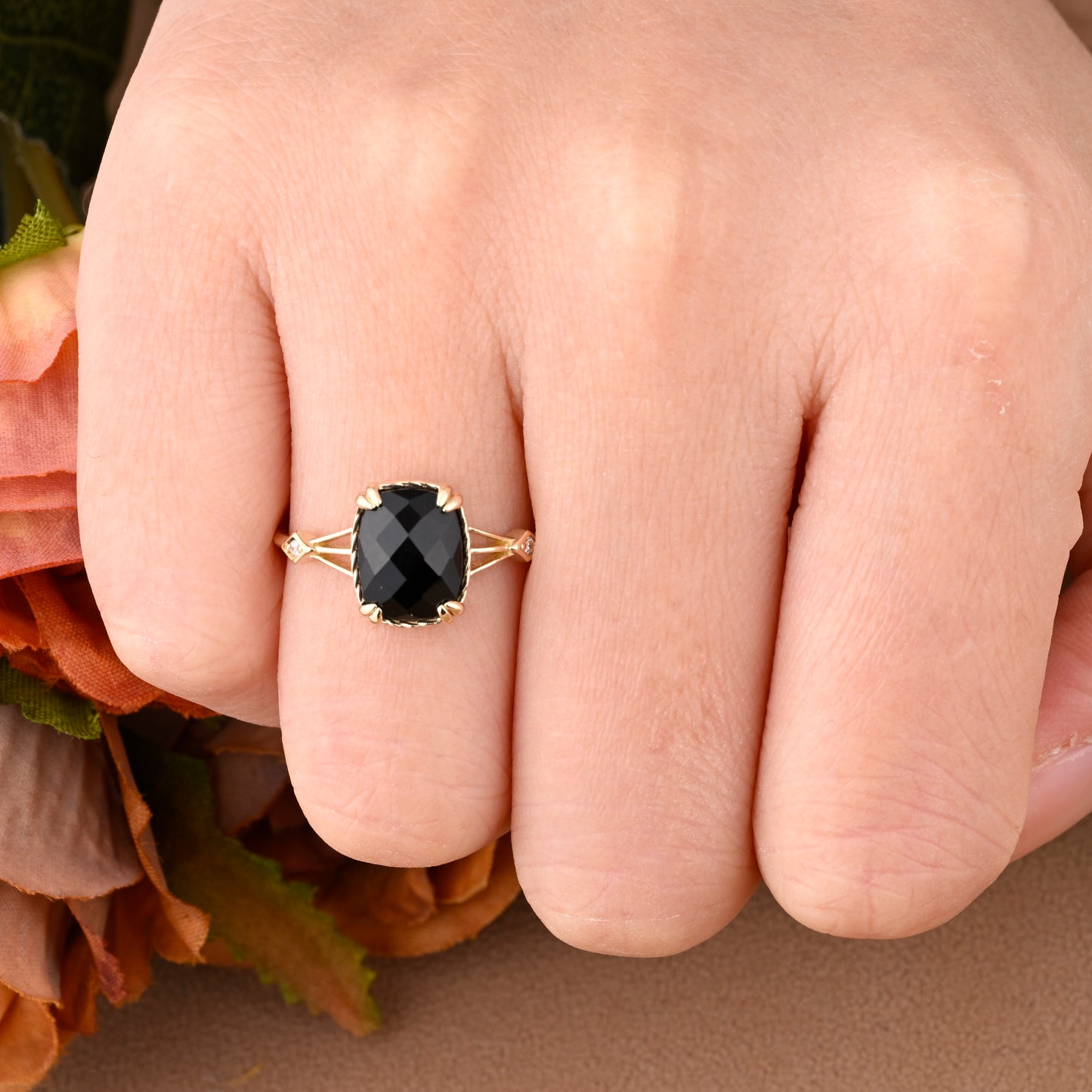Vintage Black Onyx Ring Emerald Shape Black Agate Engagement Ring Black Stone Ring 14k Yellow Gold Ring Promise Bridal Ring Anniversary Gift