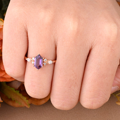 Vintage Amethyst Engagement Ring Hexagon Shape Anniversary Ring Solid Gold Solitaire Unique Moissanite Ring for Women