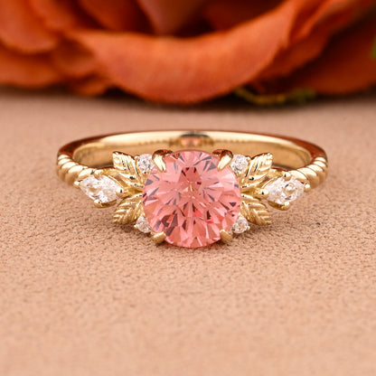 Unique Round Cut Pink Sapphire Engagement Ring Vintage Rose Gold Moissanite Wedding Ring For Women Moissanite Bridal Ring Anniversary Gift For Her