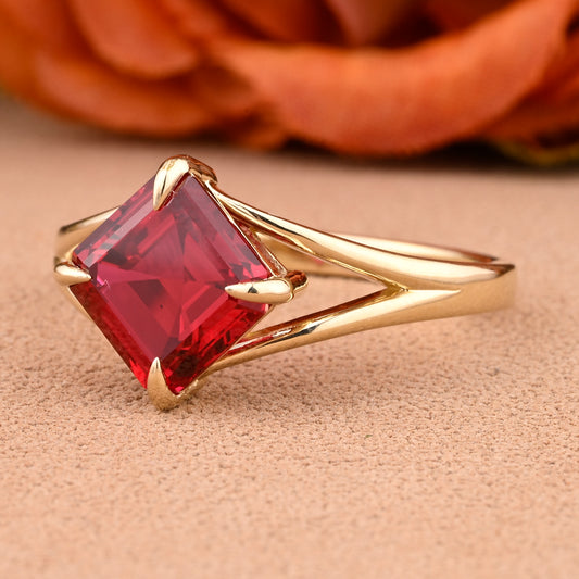 Princess Ruby Engagement Ring 14K Solid Rose Gold Promise Ring Anniversary Gift