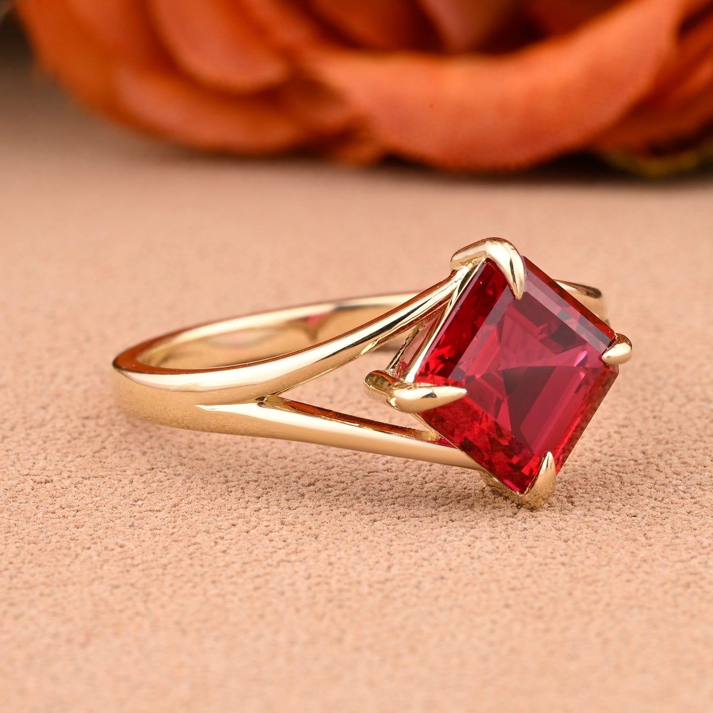 Princess Ruby Engagement Ring 14K Solid Rose Gold Promise Ring Anniversary Gift