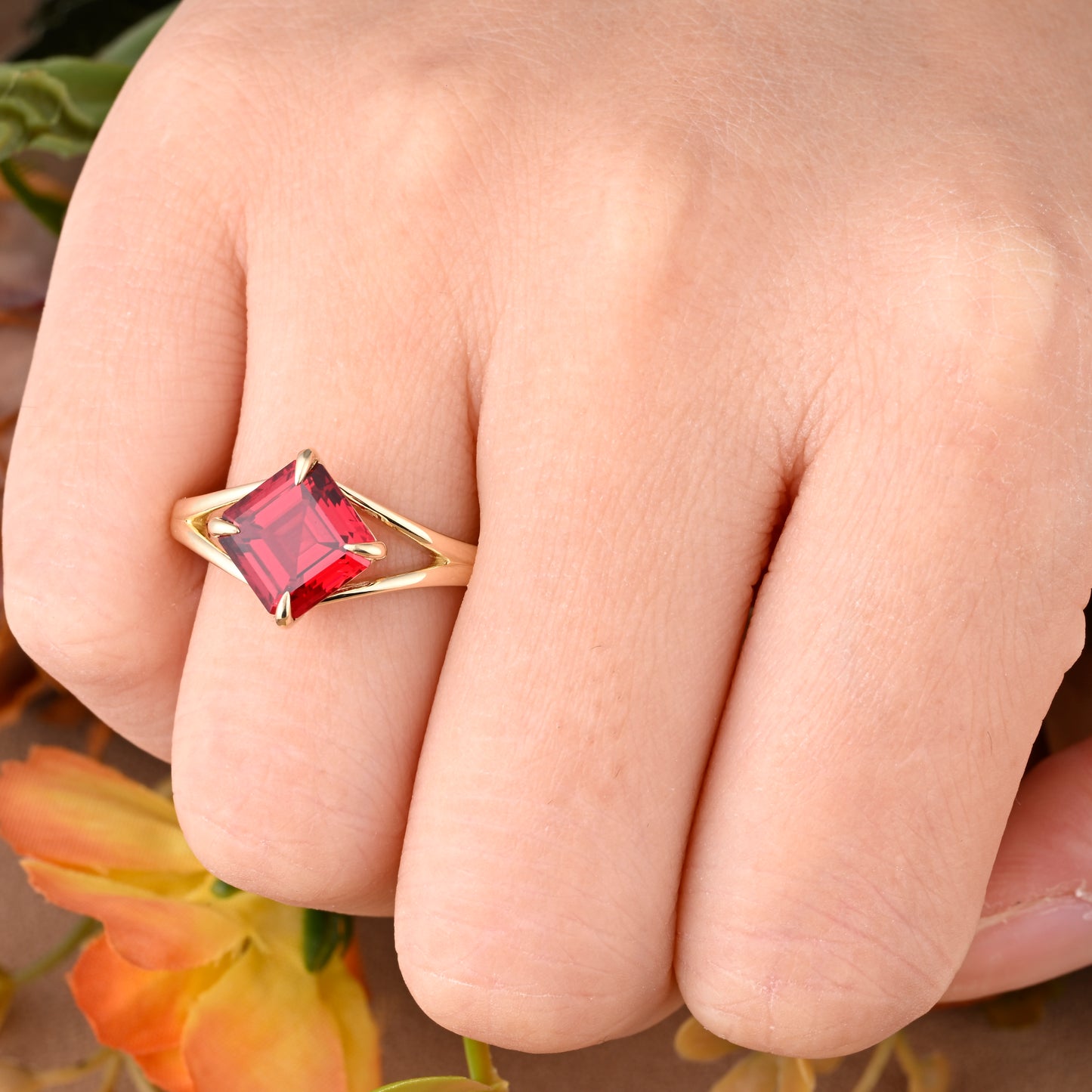 Princess Ruby Engagement Ring 14K Solid Rose Gold Promise Ring Anniversary Gift