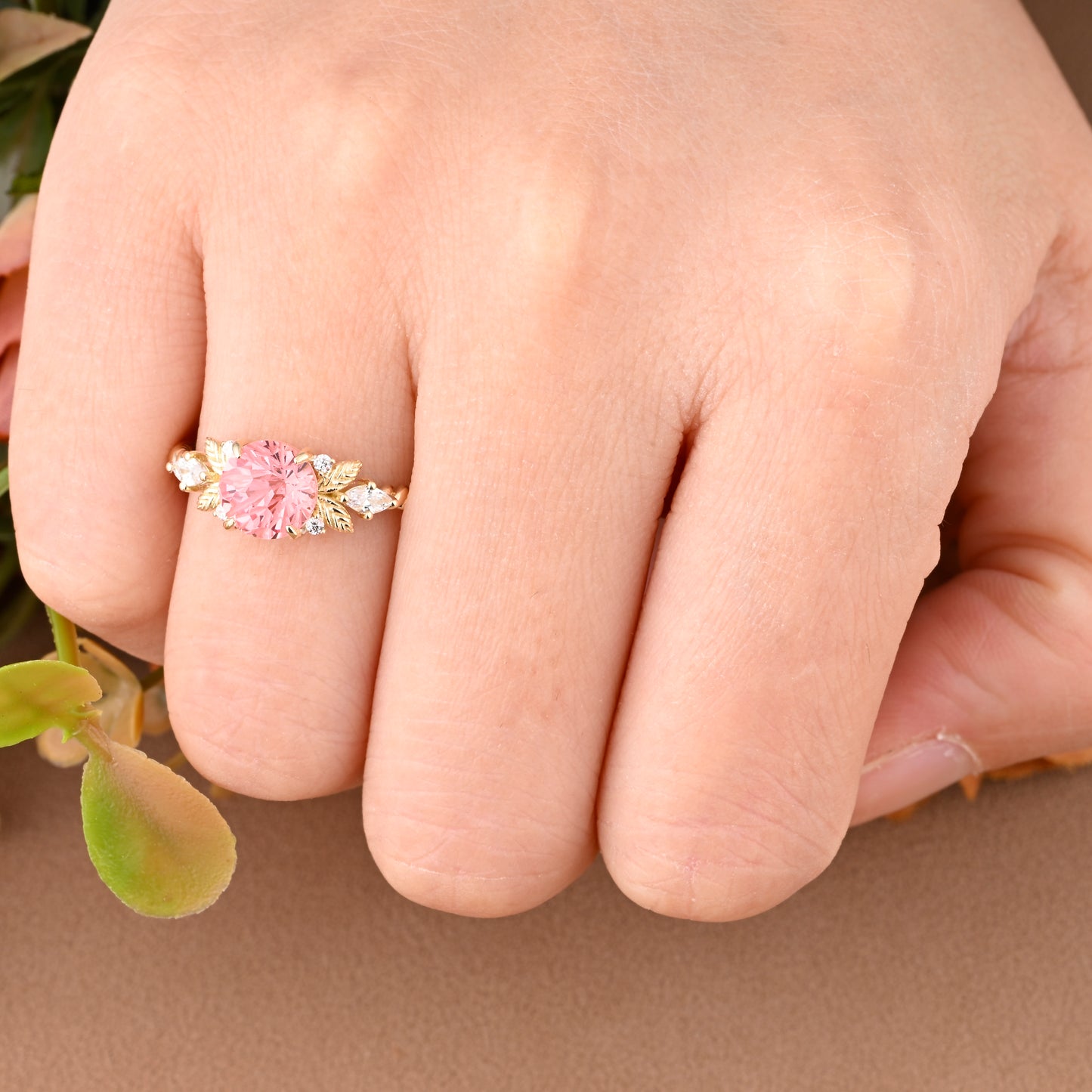 Unique Round Cut Pink Sapphire Engagement Ring Vintage Rose Gold Moissanite Wedding Ring For Women Moissanite Bridal Ring Anniversary Gift For Her