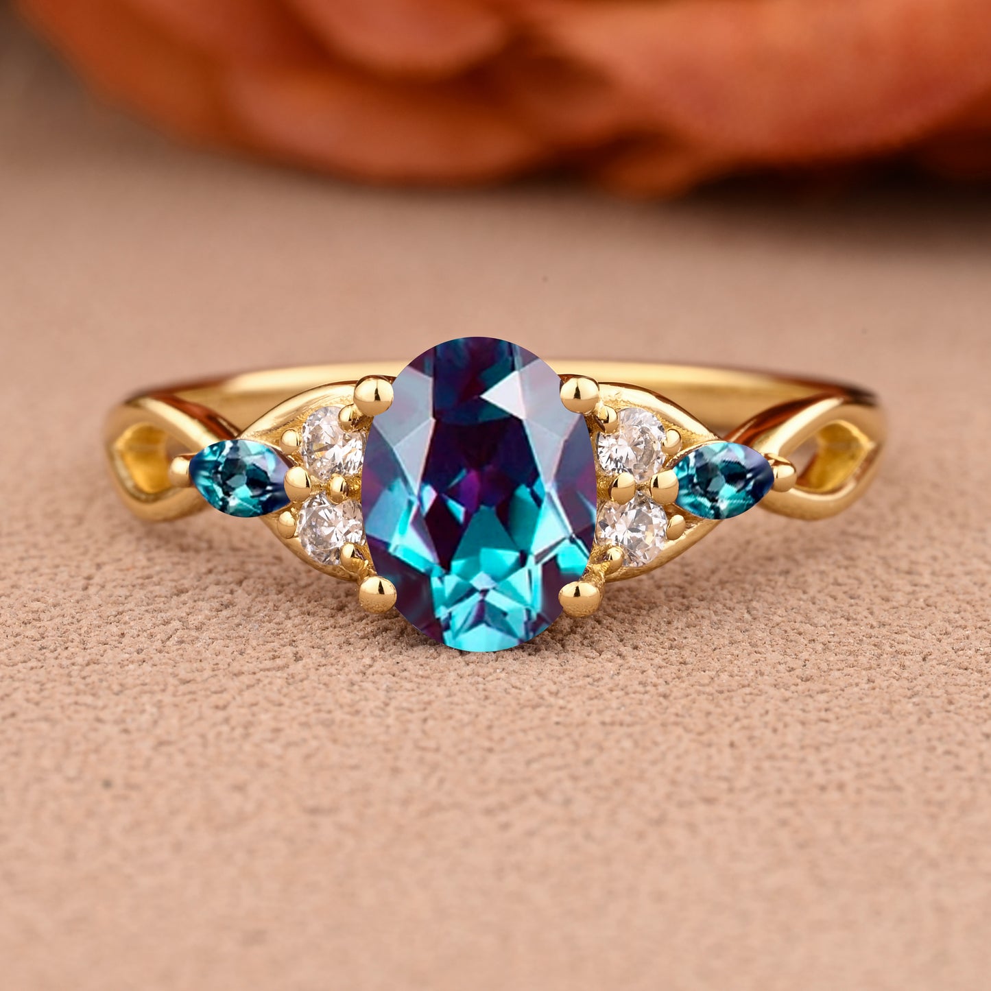 Bague de fiançailles en pierre de soleil ovale, bague de mariage unique en moissanite, cadeau pour elle