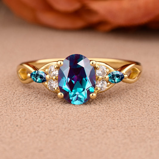 Bague de fiançailles en pierre de soleil ovale, bague de mariage unique en moissanite, cadeau pour elle