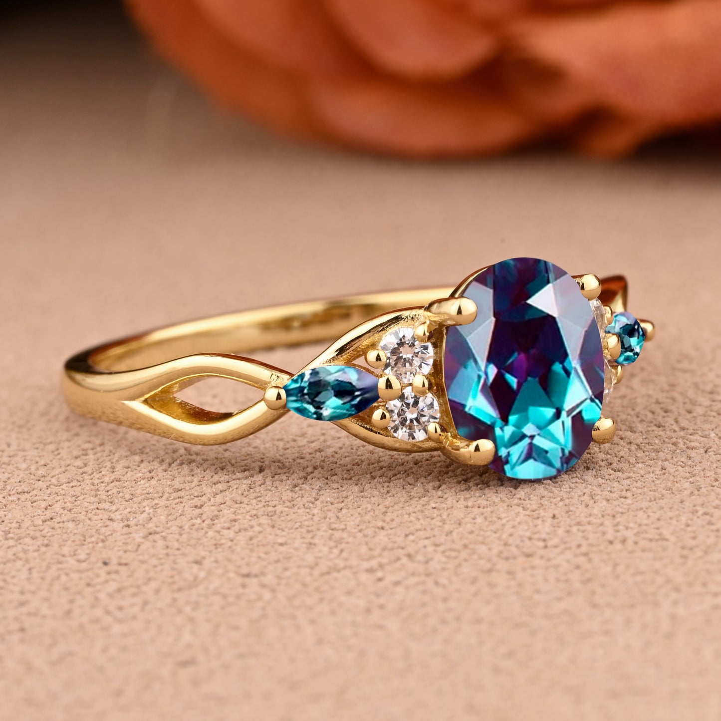 Bague de fiançailles en pierre de soleil ovale, bague de mariage unique en moissanite, cadeau pour elle
