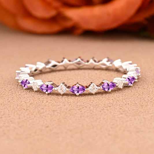 Unique Marquise Amethyst wedding band Rose gold moissanite wedding band women full eternity matching stacking ring Anniversary gift for her