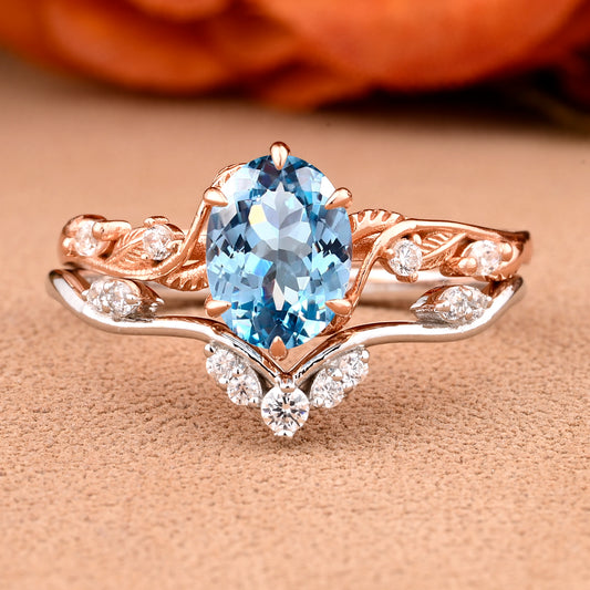 Vintage Birnenform Aquamarin Verlobungsring Set Unikat Versprechen Brautring Set Jubiläumsgeschenk