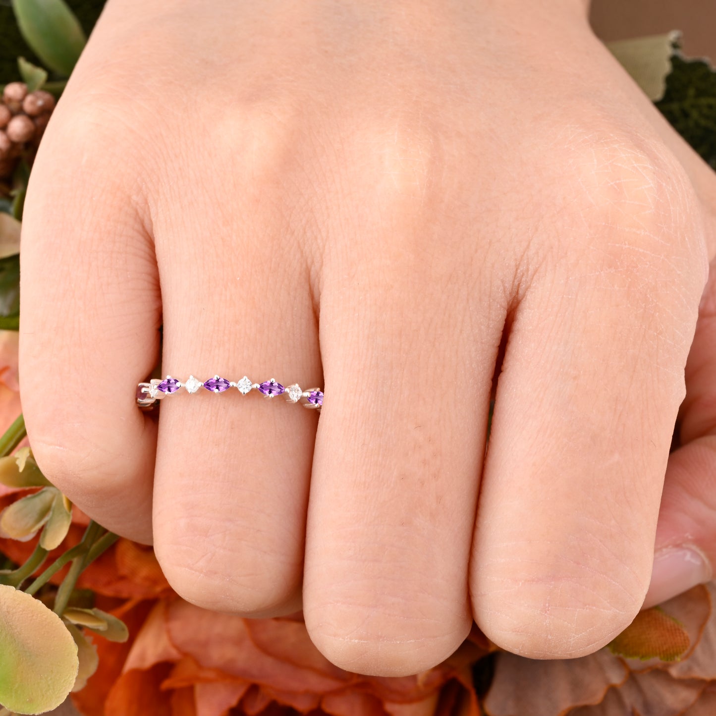 Unique Marquise Amethyst wedding band Rose gold moissanite wedding band women full eternity matching stacking ring Anniversary gift for her