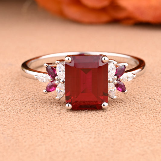Ruby Engagement Ring Emerald Cut Scarlet Agate Solid Rose Gold Ring Cluster Ring Moissanite Bridal Ring Promise Ring Anniversary Gift