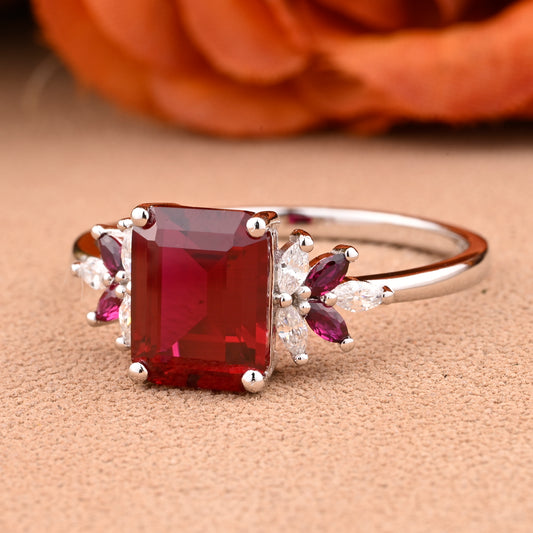 Ruby Engagement Ring Emerald Cut Scarlet Agate Solid Rose Gold Ring Cluster Ring Moissanite Bridal Ring Promise Ring Anniversary Gift