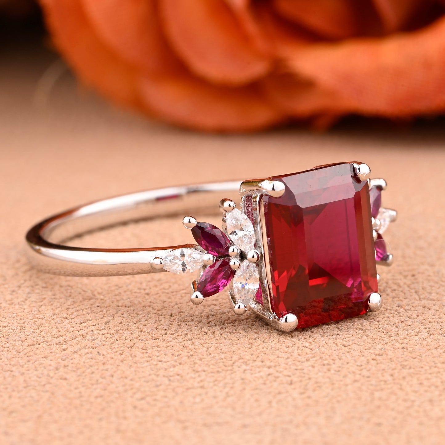 Ruby Engagement Ring Emerald Cut Scarlet Agate Solid Rose Gold Ring Cluster Ring Moissanite Bridal Ring Promise Ring Anniversary Gift