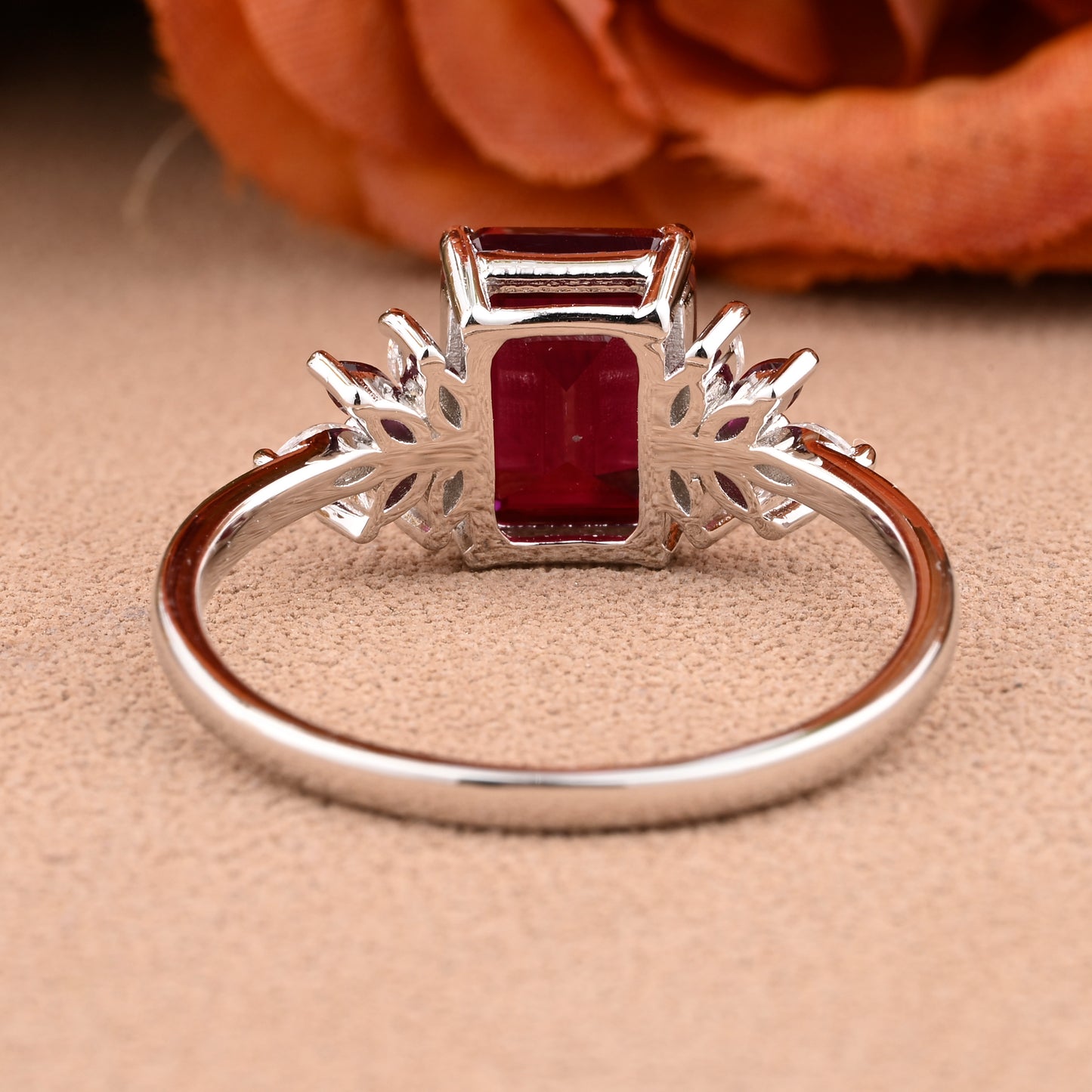 Ruby Engagement Ring Emerald Cut Scarlet Agate Solid Rose Gold Ring Cluster Ring Moissanite Bridal Ring Promise Ring Anniversary Gift