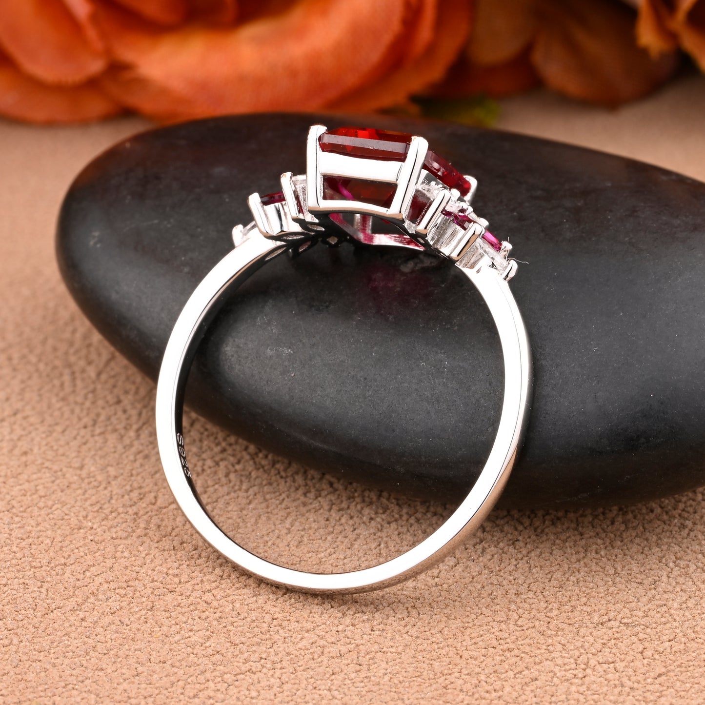 Ruby Engagement Ring Emerald Cut Scarlet Agate Solid Rose Gold Ring Cluster Ring Moissanite Bridal Ring Promise Ring Anniversary Gift