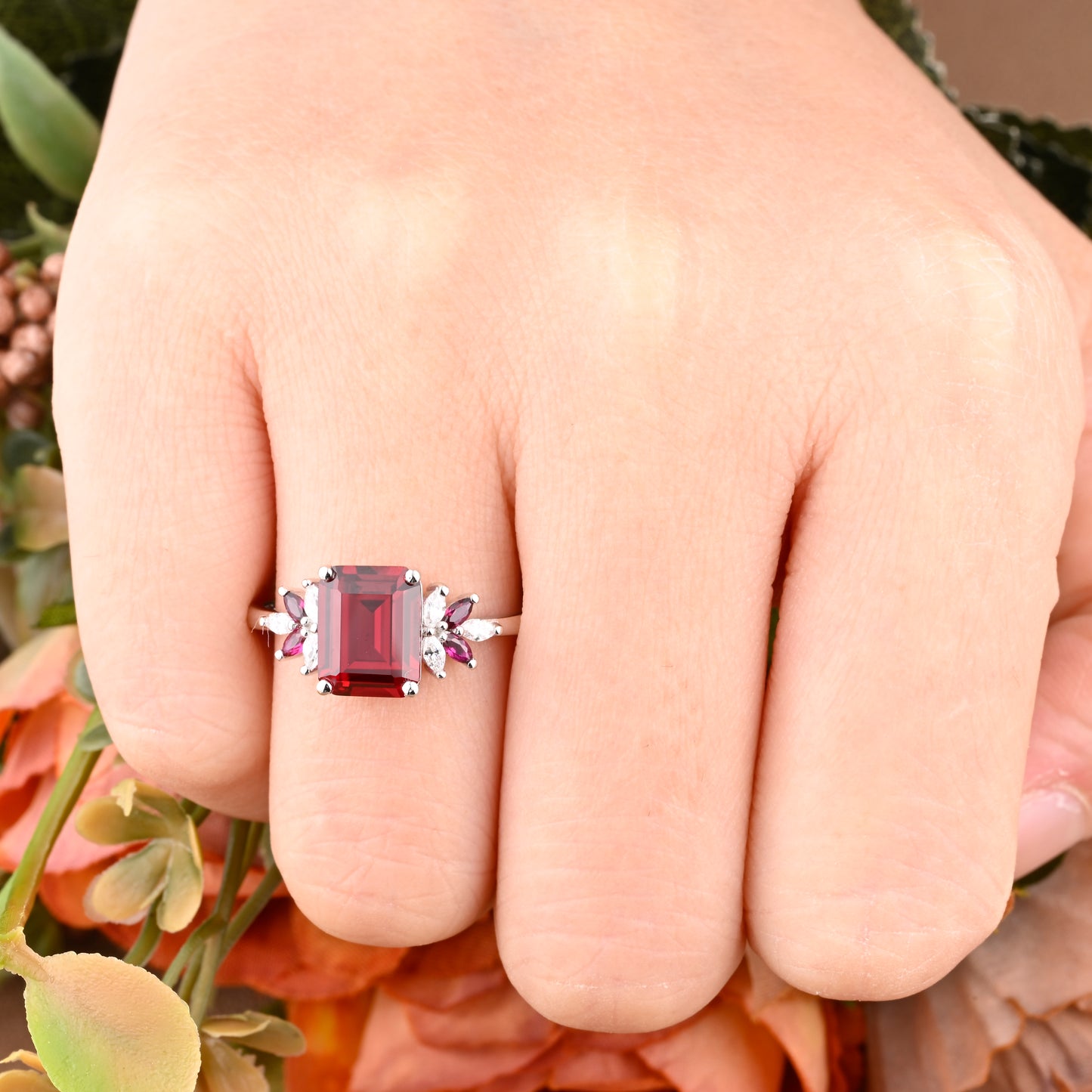 Ruby Engagement Ring Emerald Cut Scarlet Agate Solid Rose Gold Ring Cluster Ring Moissanite Bridal Ring Promise Ring Anniversary Gift