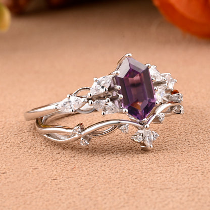 Hexagon Cut Amethyst Engagement Ring Set Vintage Unique 14k Rose Gold Purple Amethyst Ring For Women Unique Bridal Wedding Ring Set Anniversary Gift