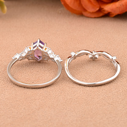 Hexagon Cut Amethyst Engagement Ring Set Vintage Unique 14k Rose Gold Purple Amethyst Ring For Women Unique Bridal Wedding Ring Set Anniversary Gift