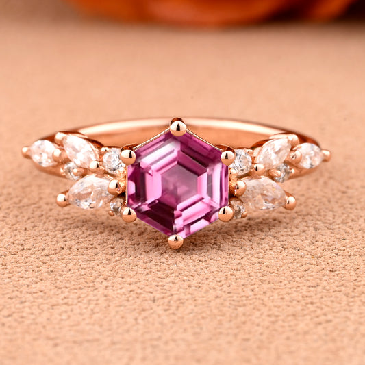 Vintage Hexagon Cut Pink Sapphire Engagement Ring Nature Inspired Cluster Promise Ring Rose Gold Art Deco Leaf Women Gemstone Branch Ring