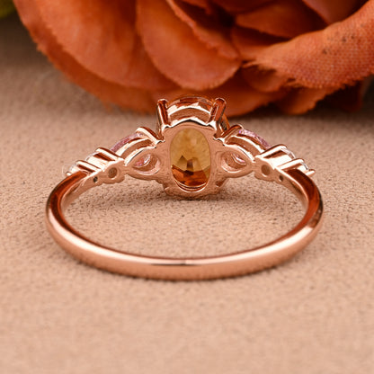 Bague de fiançailles vintage ovale en pierre de lune, bague de promesse unique en opale et moissanite