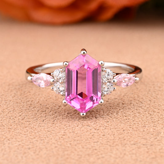 Vintage Hexagon Cut Pink Sapphire Engagement Ring Unique Moissanite Wedding Ring Art Deco Rose Gold Ring Dainty Bridal Ring Anniversary Ring