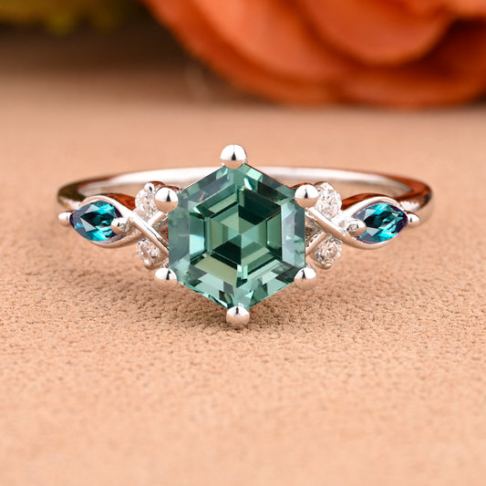 Vintage Hexagon Cut Tsavorite Engagement Ring Nature Inspired Emerald Cluster Promise Ring Rose Gold Art Deco Leaf Women Gemstone Branch Ring