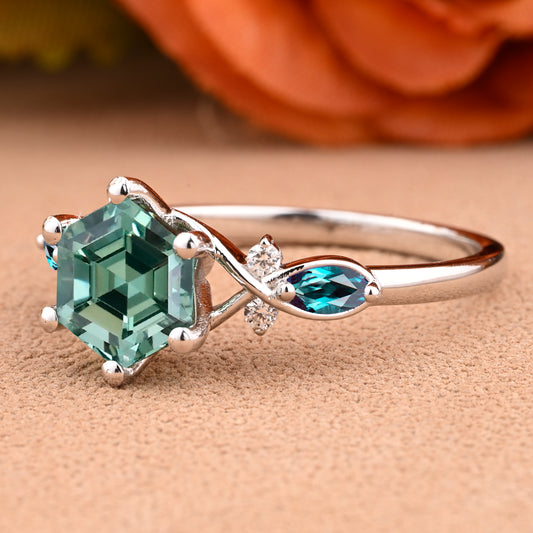 Vintage Hexagon Cut Tsavorite Engagement Ring Nature Inspired Emerald Cluster Promise Ring Rose Gold Art Deco Leaf Women Gemstone Branch Ring