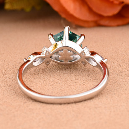 Vintage Hexagon Cut Tsavorite Engagement Ring Nature Inspired Emerald Cluster Promise Ring Rose Gold Art Deco Leaf Women Gemstone Branch Ring