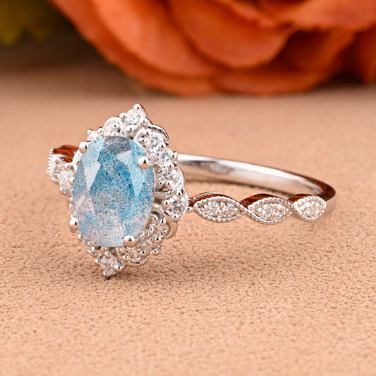 Bague de fiançailles vintage en forme de poire avec aigue-marine, ensemble de bagues de mariage uniques, cadeau d'anniversaire